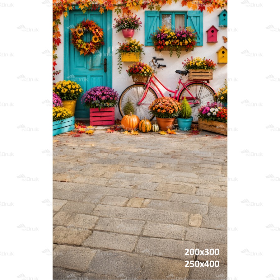 Tło fotograficzne „Jesienna uliczka z rowerem i kwiatami” | J_278